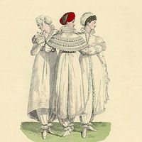 "Les Grâces en pantalon", gravure publiée dans Le Bon Genre vers 1800.