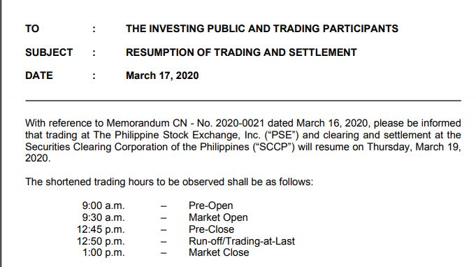 Annonce de la réouverture des marchés, après 48h d'interruption par le président du Philippine Stock Exchange