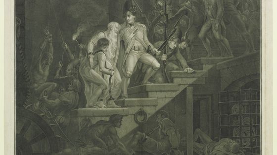 Scène dans l'intérieur de la Bastille : Pendant la Journée du 14 Juillet 1789, la libération des prisonniers. Estampe - Gallica, Domaine public, BNF