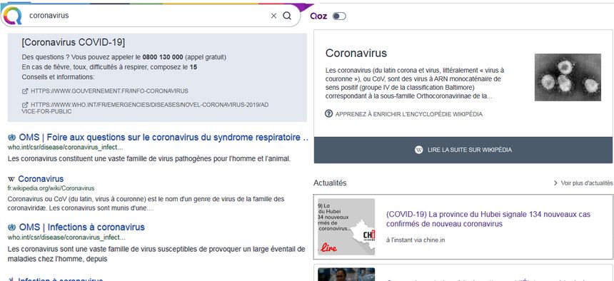 La recherche "coronavirus" avec le moteur Qwant