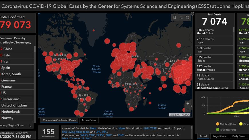 La carte interactive de l'université Johns-Hopkins recense au jour le jour les cas de coronavirus à travers le monde