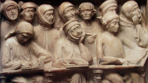 Étudiants de droit écoutant Giovanni da Legnano à l’université de Bologne. Monument funéraire, œuvre de Pier Paolo delle Masegne, 1383, Bologne, Museo civico medievale.