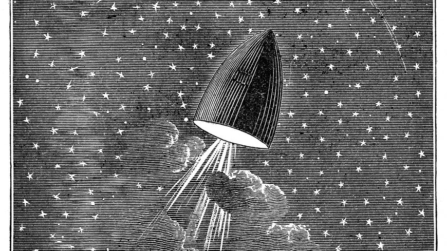Gravure illustrant le roman intitulé Autour de la lune de Jules Verne