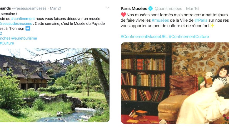 À défaut de pouvoir accueillir du public, les musées restent ouverts sur les réseaux sociaux - Captures écran de tweets du Réseau des musées de Normandie et de Paris Musées