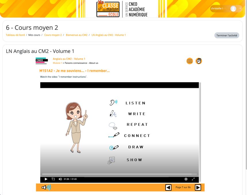 Un exercice d'anglais niveau CM2 sur la plateforme en ligne.