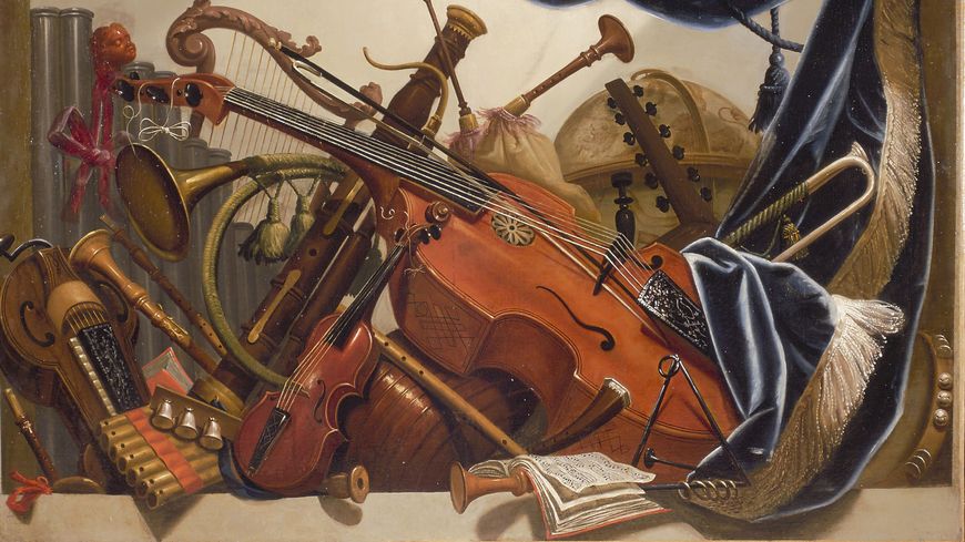 Elias van Nijmegen (Nimègue 1667 Rotterdam - 1755), Trophée d'instruments de musique et globe