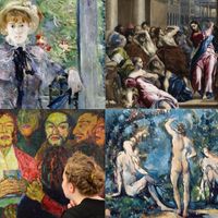 "Après le déjeuner" de Berthe Morisot, "Le Christ chassant les marchands du Temple" de Greco, "Eucharist" de Emil Nolde et "Les grandes baigneuses" de Cezanne.