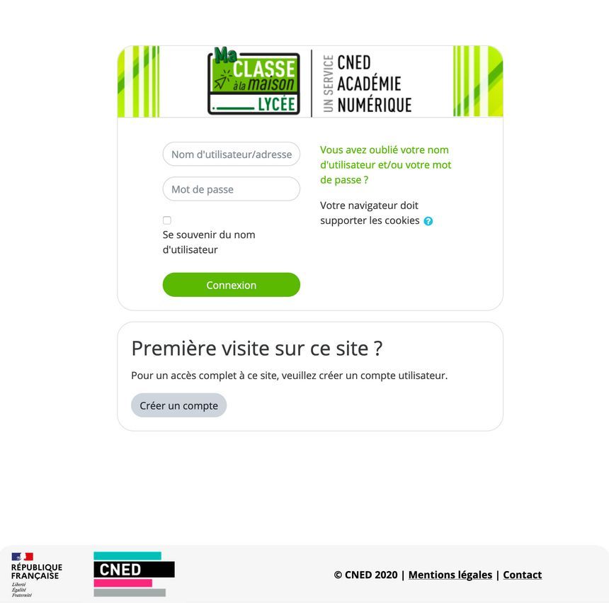 Page de connexion à la plateforme "Ma classe à la maison".