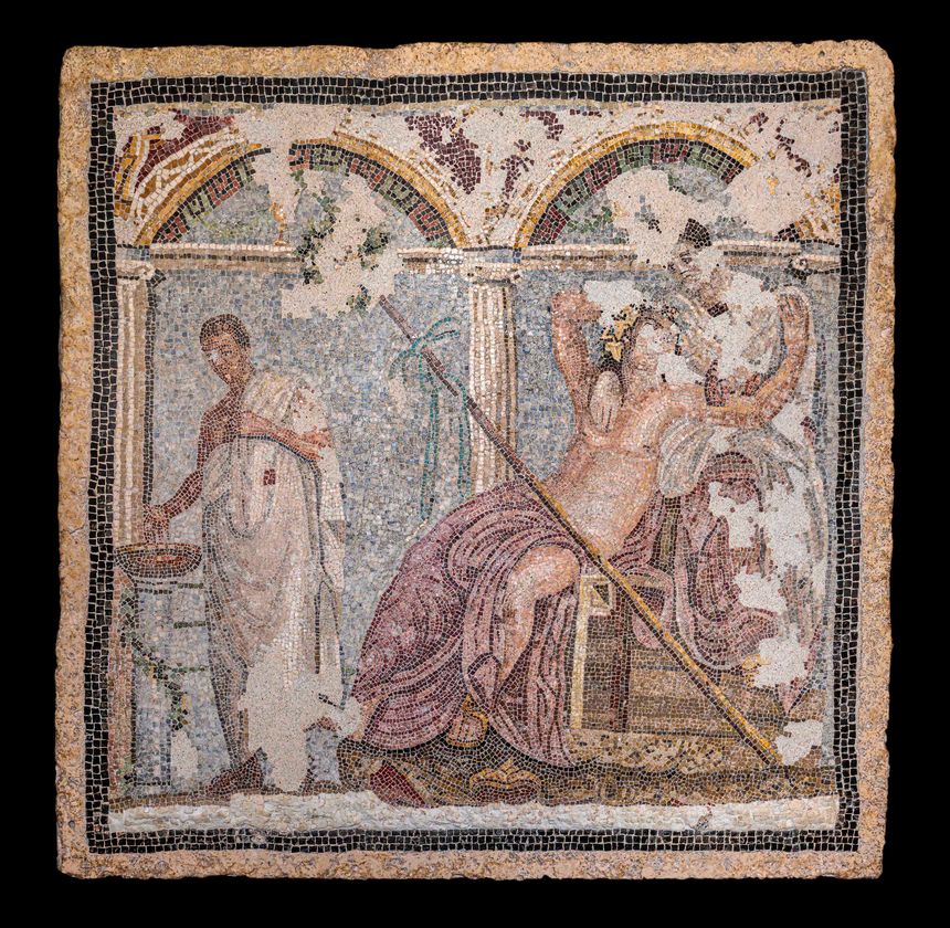Mosaïque à petites tesselles vermiculatum Dionysos et Ariane Ier siècle ap. J.-C.fontaine le long de la rue du Vésuve Pompéi, Parc archéologique de Pompéi