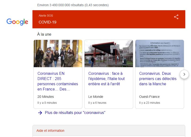Recherche sur l'ensemble du web du mot "coronavirus", avec Google