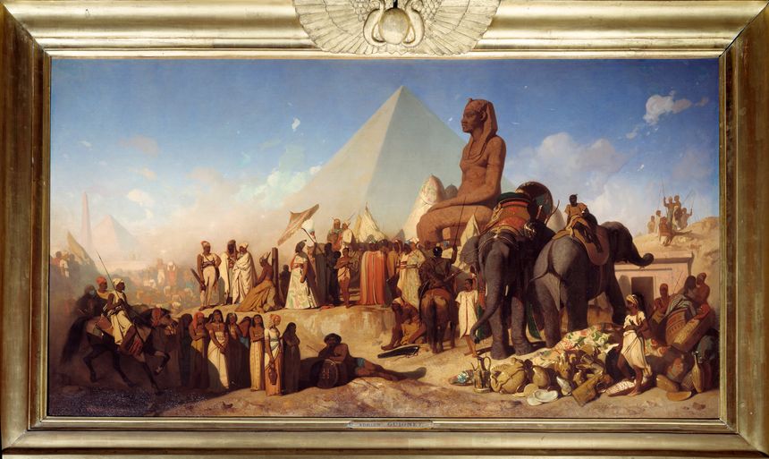 Rencontre entre Cambyse II, roi achéménide de l'empire Perse de 529 à 522 av JC (surtout connu pour avoir conquis l'Egypte) et Psammétique III, pharaon de -526 a -525 (qui perdra son pays au profit du premier). Peinture de Adrien Guignet (1816-1854)