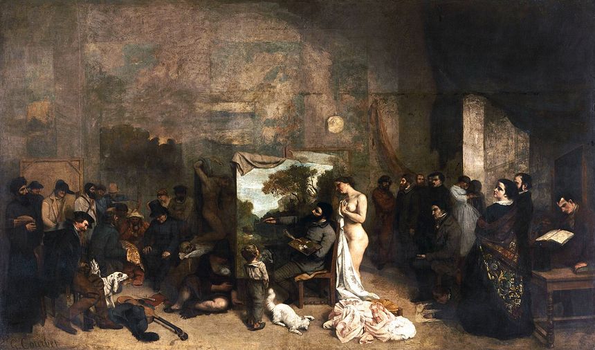 L'Atelier du peintre de Gustave Courbet,1855. Des proches du peintre et divers "types sociaux" y sont représentés. Baudelaire figure au premier plan à droite, penché sur un livre.