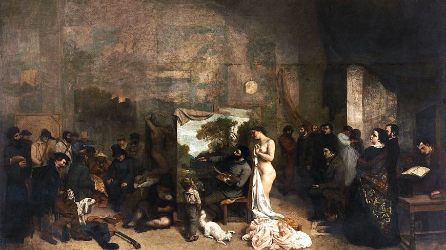 L'Atelier du peintre de Gustave Courbet,1855. Des proches du peintre et divers "types sociaux" y sont représentés. Baudelaire figure au premier plan à droite, penché sur un livre.
