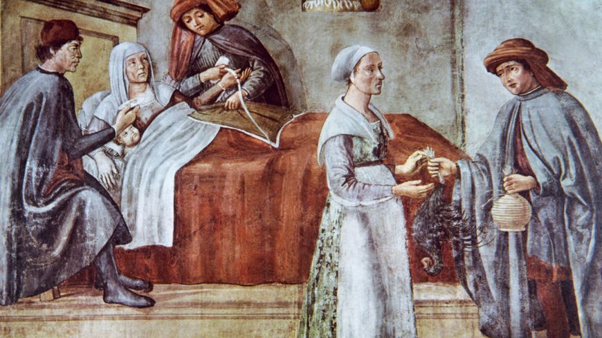 La théorisation des corps, sortie tout droit des textes hippocratiques, a des conséquences sur la manière de traiter les femmes jusqu’au début du XIXe siècle. Peinture du XVe siècle. Florence.