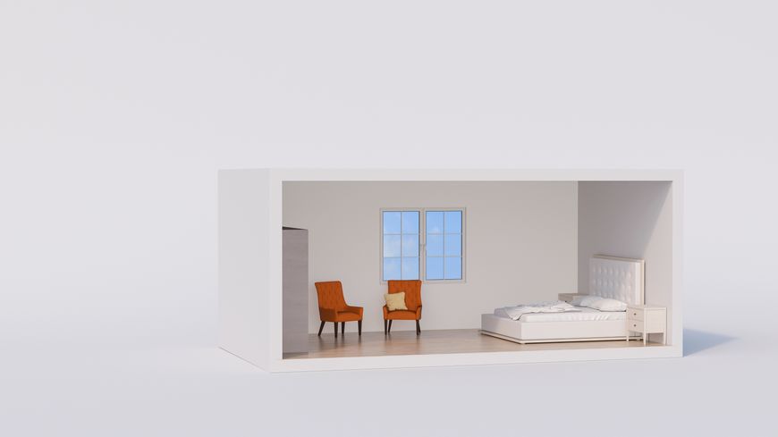 Model of a bed room with white bed and orange armchairs