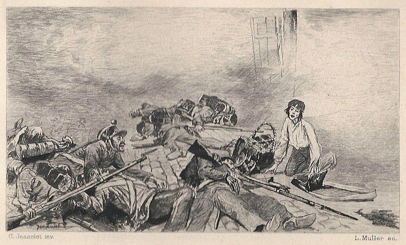 Gavroche ramasse des cartouches. Gravure de Louis Muller (en 1891) d'après une eau-forte de Pierre Georges Jeanniot illustrant "Les Misérables" de Victor Hugo.
