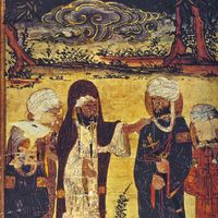 Mahomet désignant son cousin Ibn Abi Talib comme successeur, miniature islamique, vers 1300