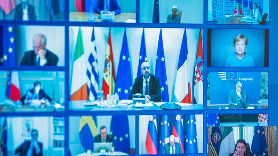 Les dirigeants des 27 en visioconférence lors du conseil européen du 26 mars 2020 ©AFP - Palazzo chigi press office