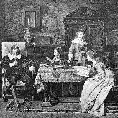 Représentation de John Milton dictant un poème à ses filles au XIXè siècle