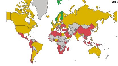 En rouge, les pays où le renouvellement d’équipage est interdit, en jaune conditionnel, en vert autorisé.