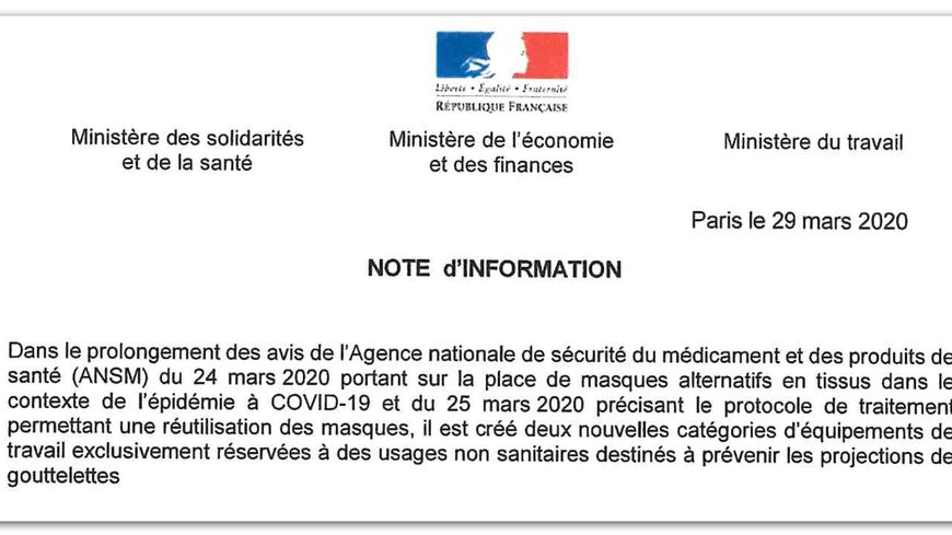 Extrait de la note d'information du 29 mars 2020 qui officialise la création de nouvelles catégories de masques.