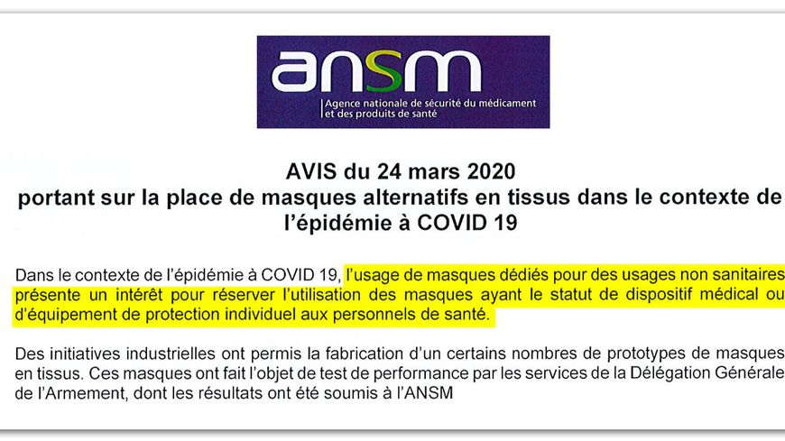 Extrait de l'avis du 24 mars 2020 rendu par l'ANSM sur la place des masques alternatifs.