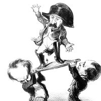 Caricature d'Honoré Daumier en 1851 « MM. Victor Hugo et Émile Girardin cherchent à élever le prince Louis sur un pavois, ça n’est pas très solide ! »