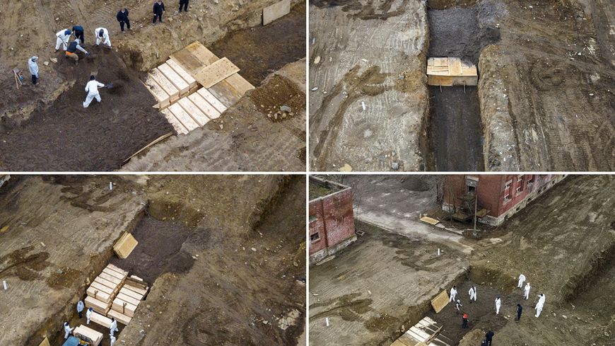 The New York Post a publié mardi des images prises par drone au dessus de Hart Island. On y voit des personnes en blouses blanches qui installent des cercueils de fortune dans une fosse commune.