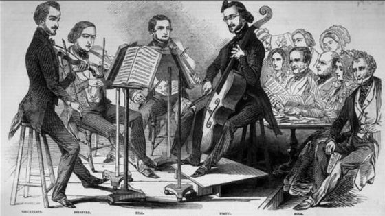 27 juin 1846: de gauche à droite; le violoniste Henri Vieuxtemps, Deloffre, Hill et Alfredo Piatti ©Getty - Hulton Archive / Illustration London News