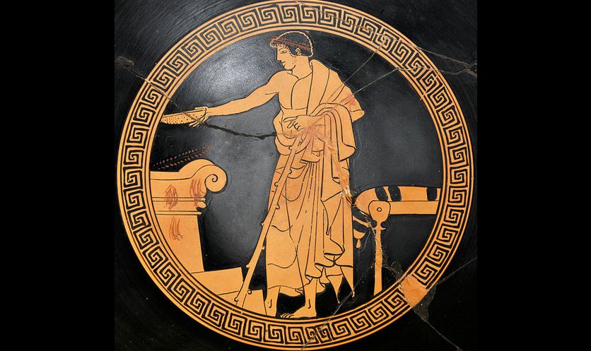 Scène de libation. Médaillon d'un kylix attique à figures rouges, v. 480 av. J.-C., musée du Louvre