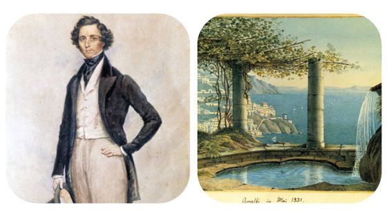 Felix Mendelssohn Bartholdy et l'une de ses aquarelles datant de 1831 et représentant la ville d'Amalfi (Italie) ©Getty - DeAgostini / Dea Picture Library