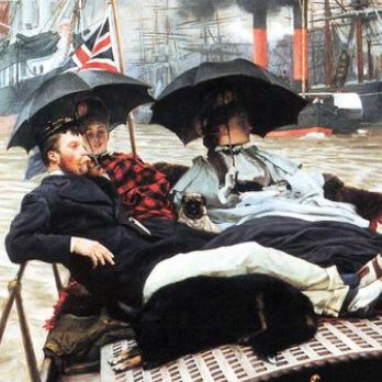 Two women and a man relax under blankets on a boat sporting a Union Jack as they float down past London docks on the Thames with large vessels surrounding them, 1865 (détail)