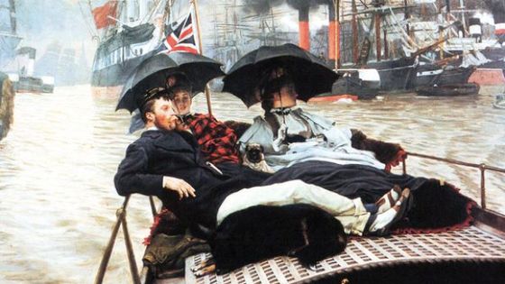 Two women and a man relax under blankets on a boat sporting a Union Jack as they float down past London docks on the Thames with large vessels surrounding them, 1865 (détail) - Getty / James Tissot
