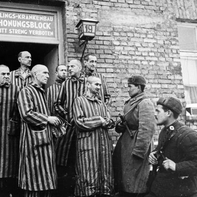 Soldats de l'Armée rouge à leur arrivée au camp d'extermination d'Auschwitz, 27 janvier 1945