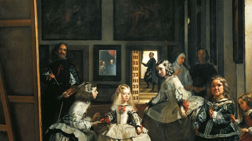 Les Ménines, 1656. Velasquez figure à gauche en train de peindre le couple royal d'Espagne, qui se reflète dans la glace à l'arrière plan.