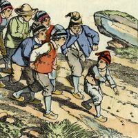 Le Petit Poucet retrouve le chemin grâce aux petits cailloux qu’il a semés (gravure anonyme du XlXe s.)