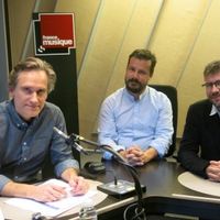 France Musique, studio 152... Le producteur Philippe Venturini & Les auteurs Alexandre Mare, Stéphane Boudin-Lestienne (g. à d.)