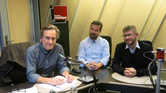 France Musique, studio 152... Le producteur Philippe Venturini & Les auteurs Alexandre Mare, Stéphane Boudin-Lestienne (g. à d.) ©Radio France - Annick Haumier / RF