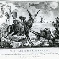 Caricature de l'écrivain français Louis-Sébastien Mercier en âne poussant un brouette