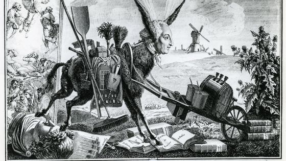 Caricature de l'écrivain français Louis-Sébastien Mercier en âne poussant un brouette ©Getty - API