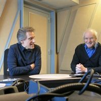 France Musique, studio 152... Le producteur Philippe Venturini & Le compositeur Michel Chion (g. à d.)