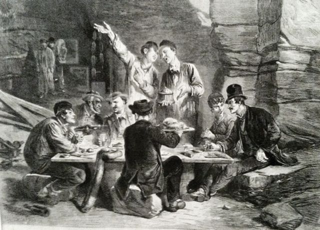 Gravure représentant un repas dans les vides des carrières dites d'Amérique, dans le 19e arrondissement de Paris