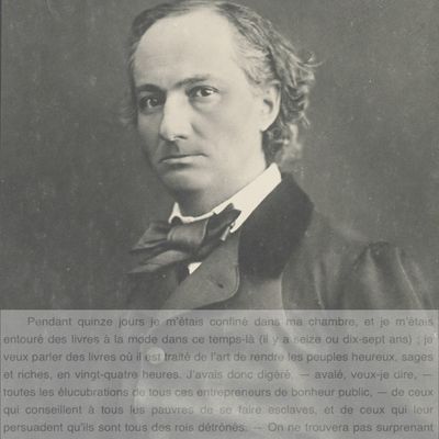 Charles Baudelaire par Nadar (date d'édition : 1854-1867) et début du poème en prose, "XLIX Assomons les pauvres !"