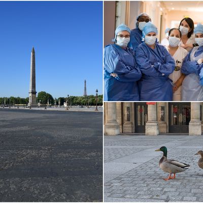 Quelques images marquantes de la pandémie de Covid-19 et du confinement : la place de la Concorde vide le 23 avril, des soignants de la clinique Ambroise Paré (Paris) le 15 avril et des canards seuls devant la Comédie-Française le 2 avril.