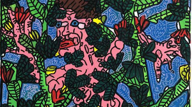 Détail de "Perdu dans la forêt plein de trucs et de fleurs plein de couleurs" de Robert Combas, oeuvre vendue 24000 euros au profit de fonds de solidarité de la Fondation Taylor pour les artistes en difficulté