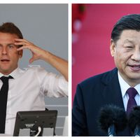 Emmanuel Macron le 6 mai 2020 à l'Elysée / Xi Jinping à Macau en décembre 2019