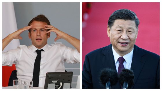 Emmanuel Macron le 6 mai 2020 à l'Elysée / Xi Jinping à Macau en décembre 2019 ©AFP - Ludovic Marin / Anthony Wallace