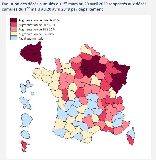 Évolution des décès cumulés du 1er mars au 20 avril 2020 par rapport à 2019, en France, par département.
