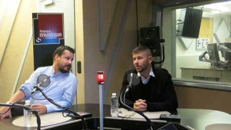 France Musique, studio 152... Le producteur Philippe Venturini & Les auteurs Alexandre Mare, Stéphane Boudin-Lestienne (g. à d.)
