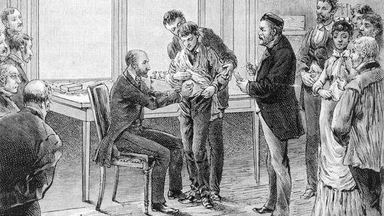 Louis Pasteur supervise une vaccination contre la rage dans son laboratoire, dessin de C. Gilbert, d'après nature, 1886 ©Getty